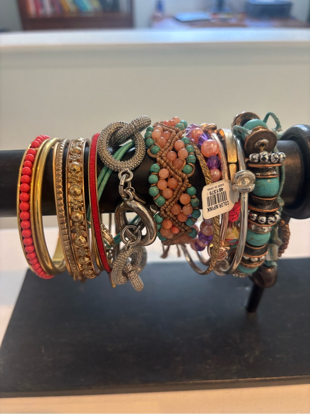 Mixed Bead and Bangle Bracelet Stack — Turquoise & Coral Accents